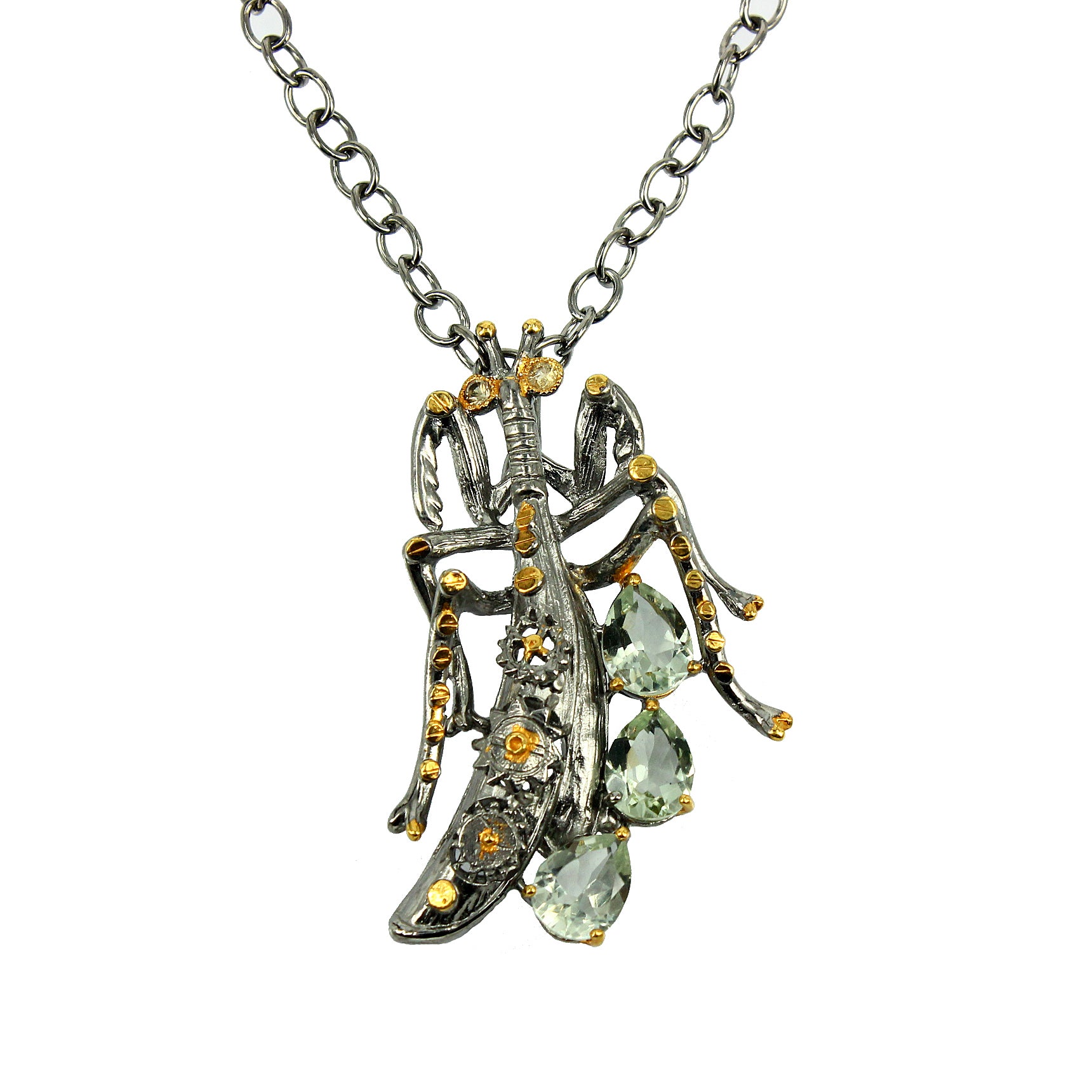 SteamPunk - 925 Sterling Silver Necklace, Decorated with Green Amethyst and Yellow-Orange Sapphires, Plated with 3 Micron 22K Yellow Gold and Grey Ruthenium