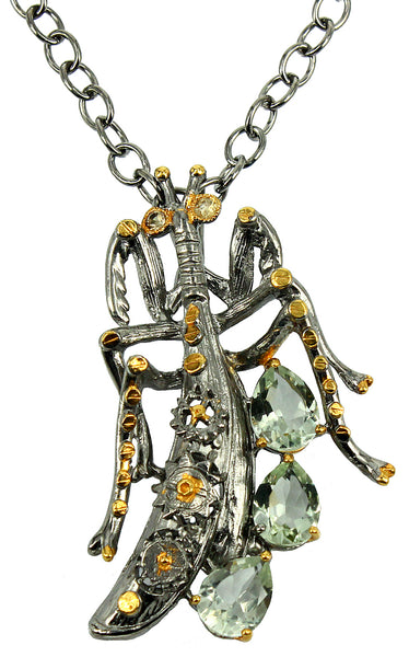 SteamPunk - 925 Sterling Silver Necklace, Decorated with Green Amethyst and Yellow-Orange Sapphires, Plated with 3 Micron 22K Yellow Gold and Grey Ruthenium