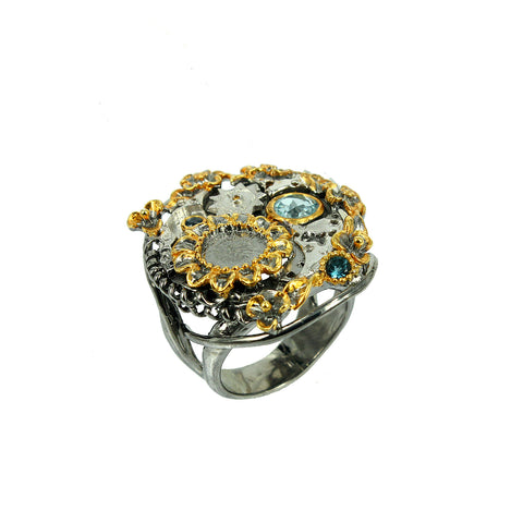 SteamPunk - 925 Sterling Silver Ring, Decorated with Blue Topaz and Blue Sapphires, Plated with 3 Micron 22K Yellow Gold and Grey Ruthenium