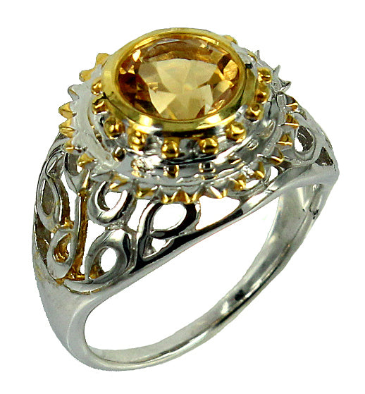 SteamPunk - 925 Sterling Silver Ring, Decorated with Citrine, Plated with 3 Micron 22K Yellow Gold and White Rhodium