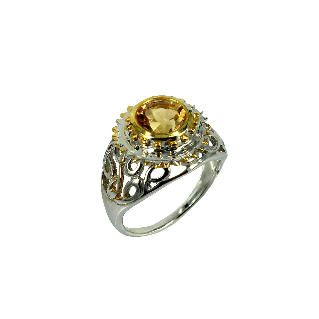 SteamPunk - 925 Sterling Silver Ring, Decorated with Citrine, Plated with 3 Micron 22K Yellow Gold and White Rhodium