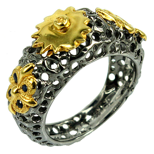 SteamPunk - 925 Sterling Silver Ring, Decorated with Blue Sapphires, Plated with 3 Micron 22K Yellow Gold and Grey Ruthenium