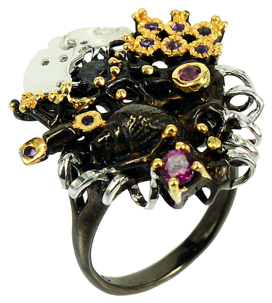 SteamPunk - 925 Sterling Silver Ring, Decorated with Amethyst, Garnet and Sapphires, Plated with 3 Micron 22K Yellow Gold, Grey Ruthenium and Black Rhodium