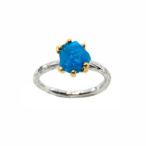 Rough Stone - 925 Sterling Silver Ring, Rough Faceted Apatite, Plated with 3 Micron 22K Yellow Gold and White Rhodium