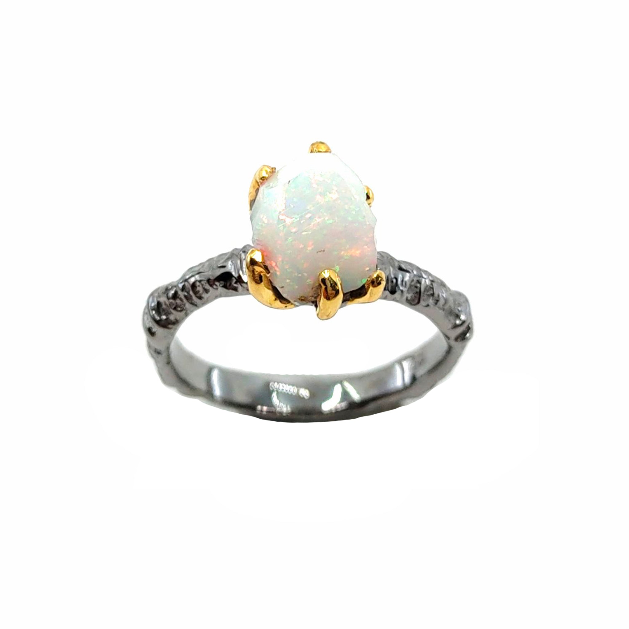 Rough Stone - 925 Sterling Silver Ring, Rough Faceted Ethiopian Opal, Plated with 3 Micron 22K Yellow Gold and Grey Ruthenium