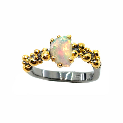 Rough Stone - 925 Sterling Silver Ring, Rough Faceted Ethiopian Opal, Plated with 3 Micron 22K Yellow Gold and Grey Ruthenium