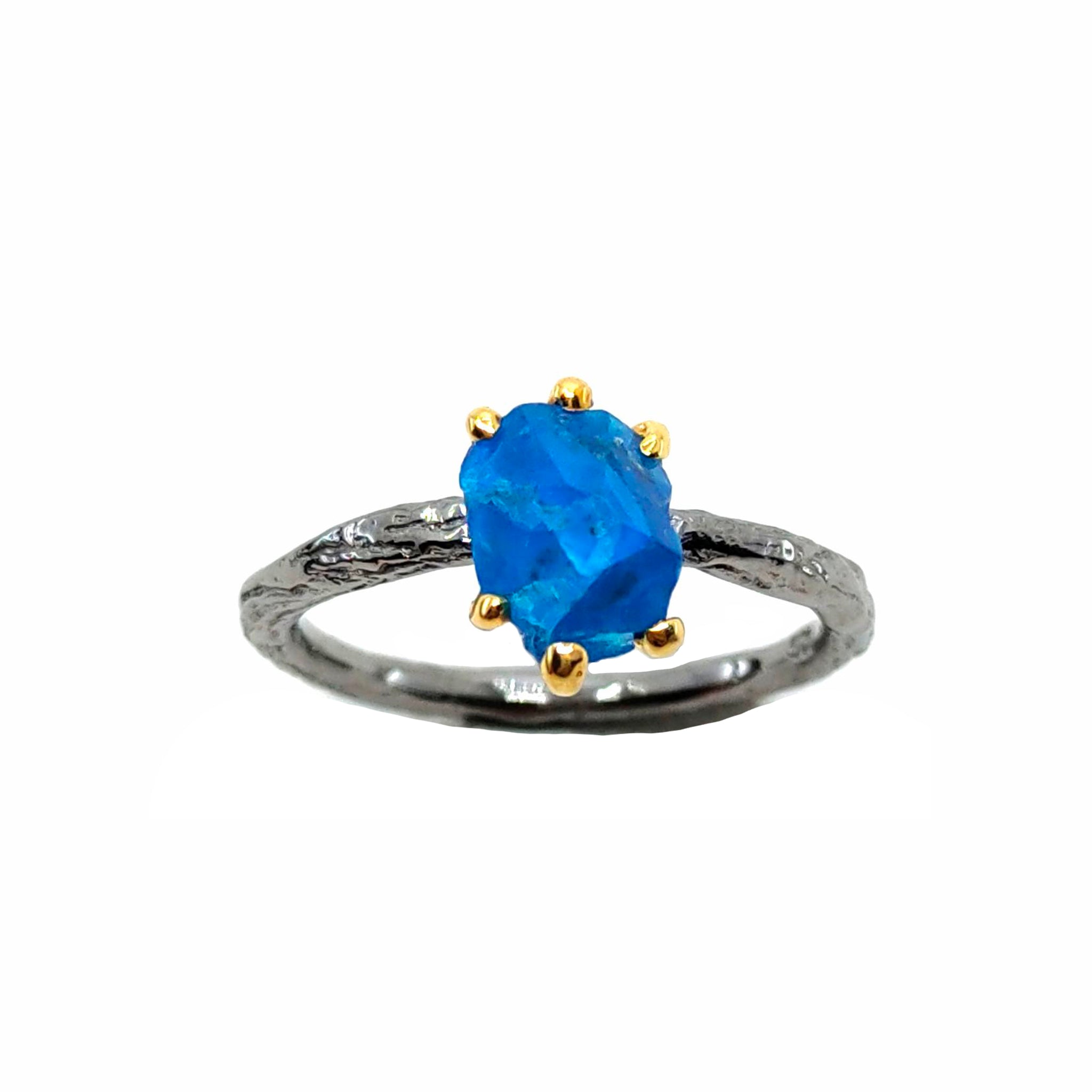 Rough Stone - 925 Sterling Silver Ring, Rough Faceted Apatite, Plated with 3 Micron 22K Yellow Gold and Grey Ruthenium