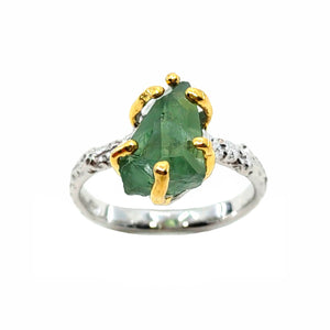Rough Stone - 925 Sterling Silver Ring, Rough Faceted Tourmaline, Plated with 3 Micron 22K Yellow Gold and White Rhodium