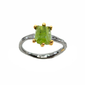 Rough Stone - 925 Sterling Silver Ring, Rough Faceted Peridot, Plated with 3 Micron 22K Yellow Gold and Grey Ruthenium