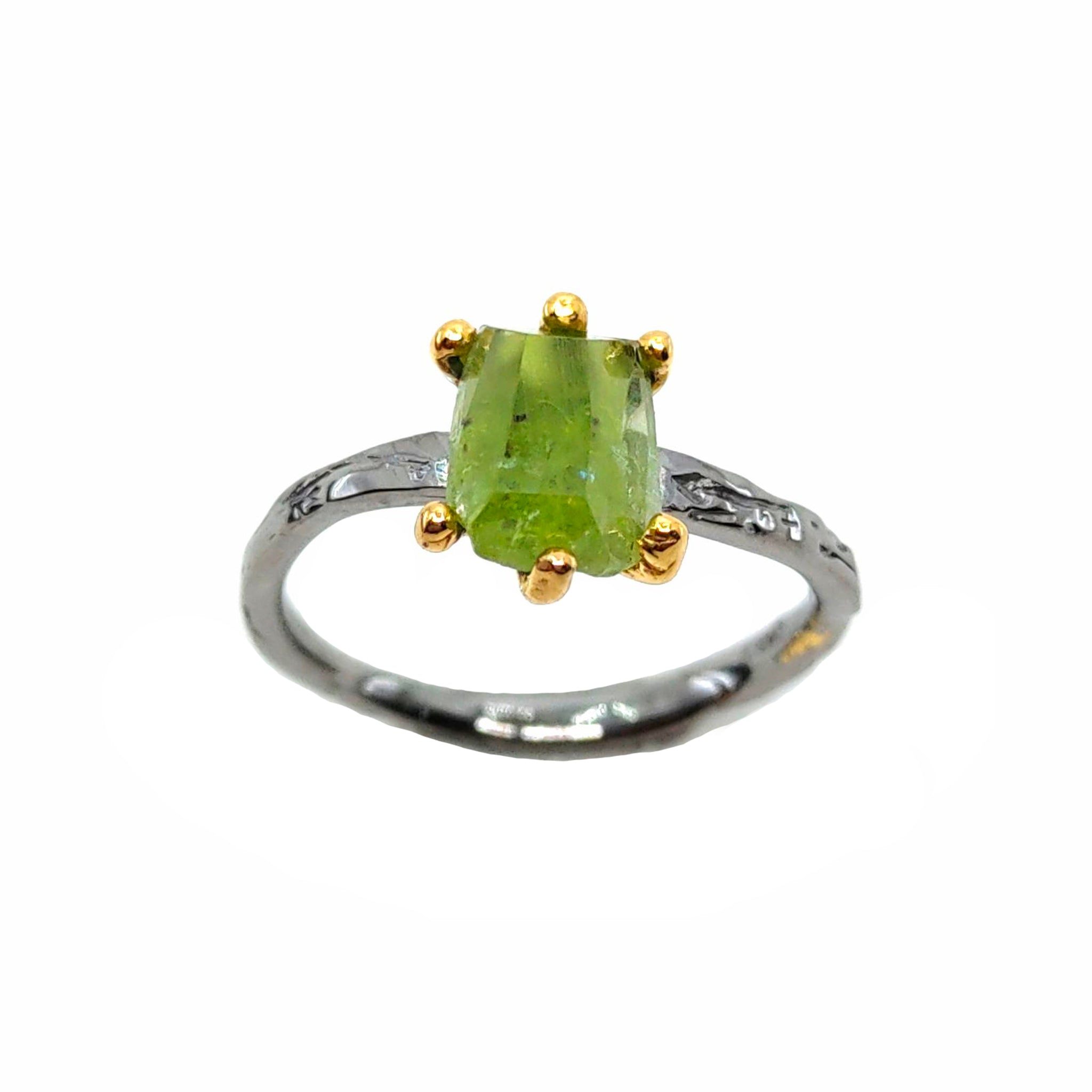 Rough Stone - 925 Sterling Silver Ring, Rough Faceted Peridot, Plated with 3 Micron 22K Yellow Gold and Grey Ruthenium
