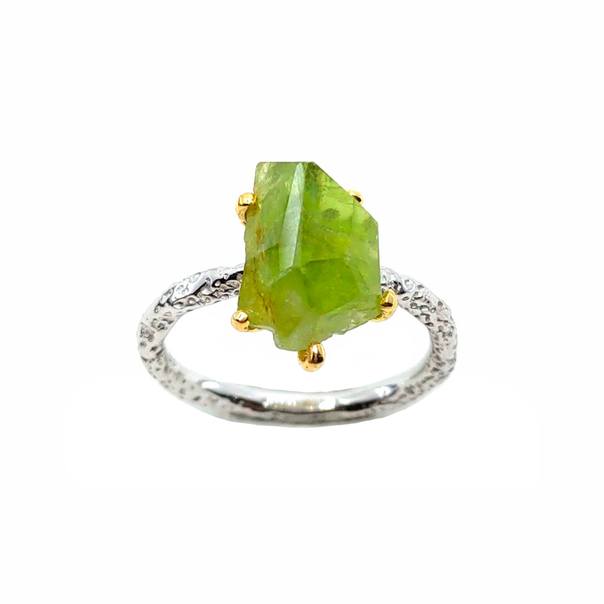 Rough Stone - 925 Sterling Silver Ring, Rough Faceted Peridot, Plated with 3 Micron 22K Yellow Gold and White Rhodium