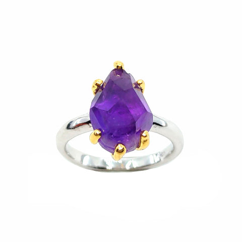 Rough Stone - 925 Sterling Silver Ring, Rough Faceted Amethyst, Plated with 3 Micron 22K Yellow Gold and White Rhodium