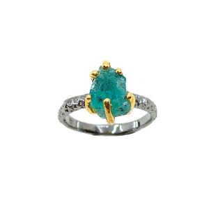 Rough Stone - 925 Sterling Silver Ring, Rough Faceted Emerald, Plated with 3 Micron 22K Yellow Gold and Grey Ruthenium